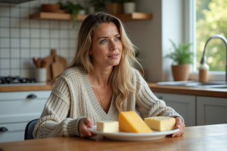 Jeune femme choisissant des fromages dans une cuisine lumineuse