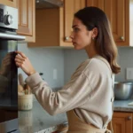 Femme réglant le thermostat d'un four moderne dans une cuisine lumineuse