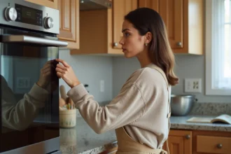 Femme réglant le thermostat d'un four moderne dans une cuisine lumineuse
