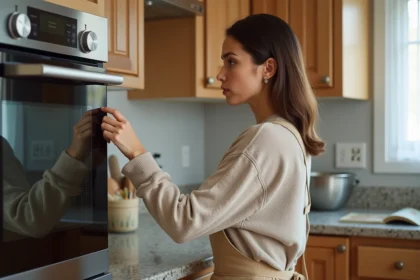 Femme réglant le thermostat d'un four moderne dans une cuisine lumineuse