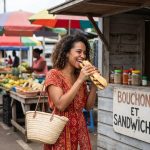 Jeune femme creole dégustant un sandwich bouchon au marché