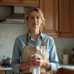Femme d'âge moyen dans la cuisine familiale en train de s'essuyer les mains