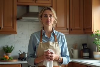Femme d'âge moyen dans la cuisine familiale en train de s'essuyer les mains