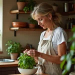 Femme en tablier de lin cueillant du basilic frais en cuisine