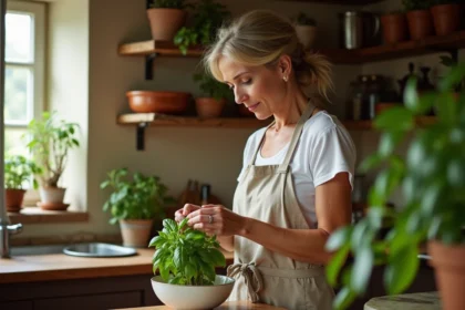 Femme en tablier de lin cueillant du basilic frais en cuisine