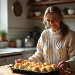 Femme dans la cuisine préparant des choux farcis chaleureux