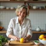 Femme souriante zestant un citron dans la cuisine