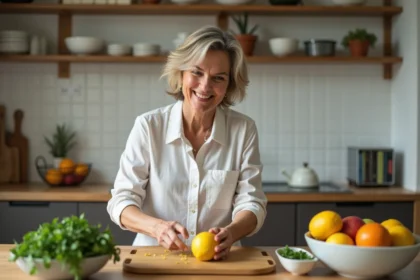 Femme souriante zestant un citron dans la cuisine