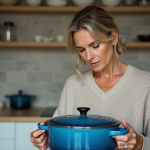 Femme examinant une cocotte en fonte bleue dans sa cuisine moderne