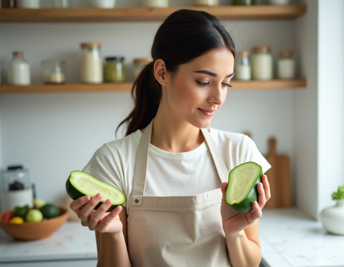 Femme en cuisine tenant un concombre et une courgette coupés en deux pour comparer leurs valeurs nutritionnelles