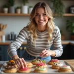 Jeune femme souriante arrangeant des cookies décorés dans la cuisine