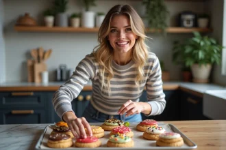 Jeune femme souriante arrangeant des cookies décorés dans la cuisine