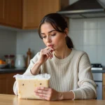 Femme examine un gâteau léger dans une cuisine moderne