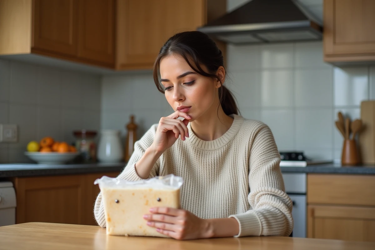 Femme examine un gâteau léger dans une cuisine moderne