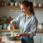 Femme versant la pâte à gâteau au yogourt dans un moule en cuisine