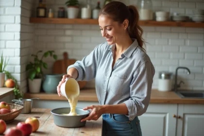 Femme versant la pâte à gâteau au yogourt dans un moule en cuisine