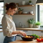 Femme en cuisine préparant des légumes frais dans une cuisine moderne