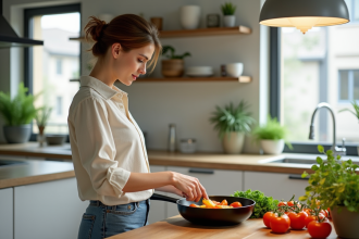 Femme en cuisine préparant des légumes frais dans une cuisine moderne