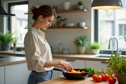 Femme en cuisine préparant des légumes frais dans une cuisine moderne