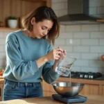 Jeune femme versant de l'eau dans un bol en cuisine moderne