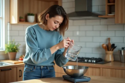 Jeune femme versant de l'eau dans un bol en cuisine moderne