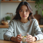 Jeune femme calme dans sa cuisine avec eau et noix