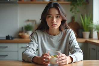 Jeune femme calme dans sa cuisine avec eau et noix