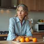 Femme dans la cuisine regardant le petit déjeuner