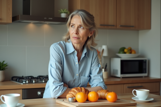 Femme dans la cuisine regardant le petit déjeuner
