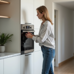 Femme posant un four vapeur dans une cuisine moderne