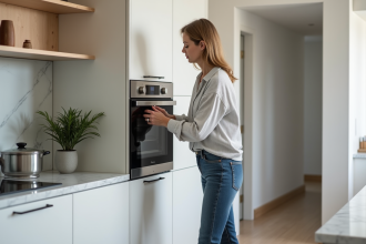 Femme posant un four vapeur dans une cuisine moderne