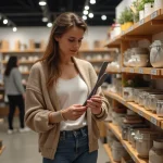 Femme examinant des spatules dans une boutique cuisine