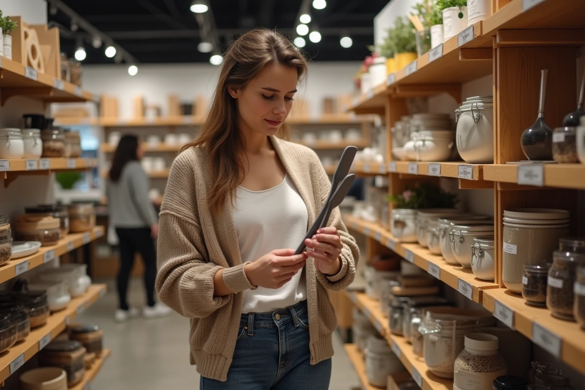 Femme examinant des spatules dans une boutique cuisine
