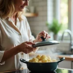 Femme vérifiant le chou-fleur vapeur dans la cuisine lumineuse