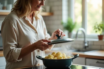 Femme vérifiant le chou-fleur vapeur dans la cuisine lumineuse