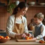 Femme découpant un kaki mûr sur une planche en bois tandis qu'un enfant observe avec curiosité dans une cuisine familiale chaleureuse
