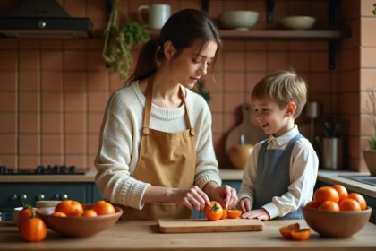 Femme découpant un kaki mûr sur une planche en bois tandis qu'un enfant observe avec curiosité dans une cuisine familiale chaleureuse