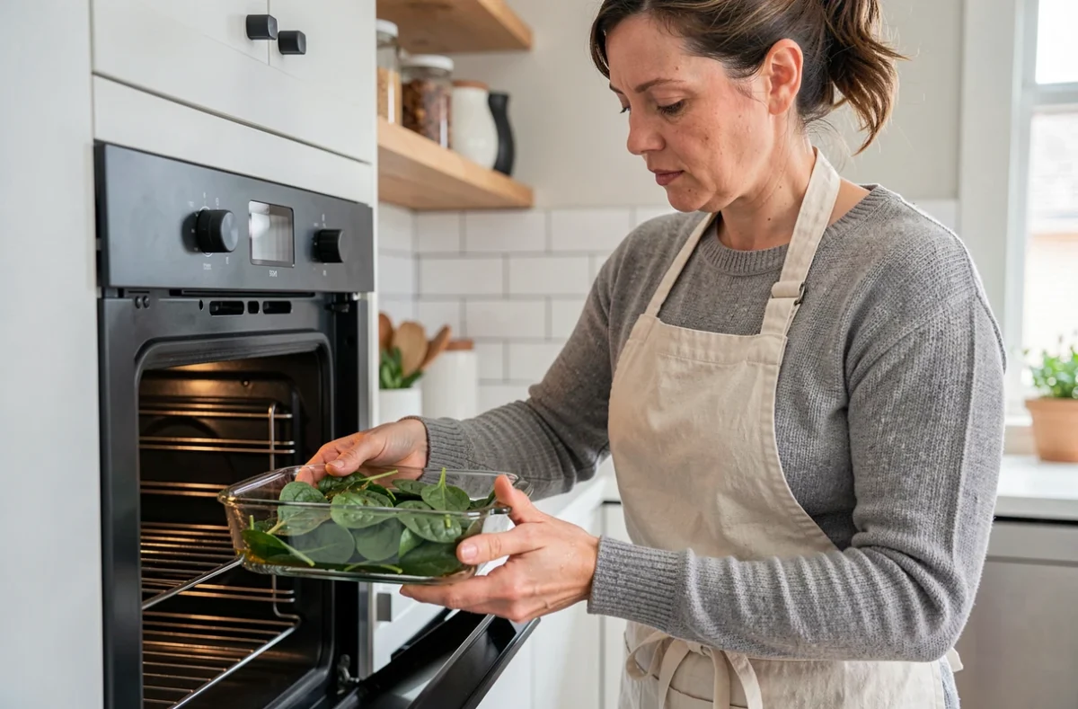 Femme enfournant un plat d'épinards frais dans un four domestique moderne