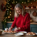 Femme en pull rouge arrangeant des crépinettes de porc