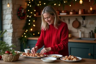 Femme en pull rouge arrangeant des crépinettes de porc