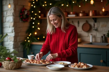 Femme en pull rouge arrangeant des crépinettes de porc