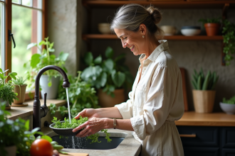 Femme lavant légumes bio dans une cuisine rustique