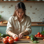Jeune femme arrangeant des légumes frais dans la cuisine