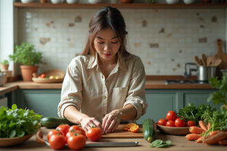 Jeune femme arrangeant des légumes frais dans la cuisine