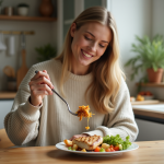 Jeune femme mangeant un repas maison dans la cuisine
