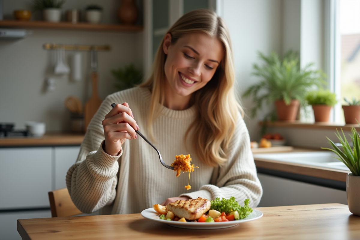 Jeune femme mangeant un repas maison dans la cuisine