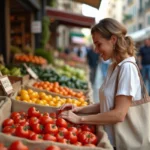 Femme choisissant des tomates fraîches sur un marché primeur en plein air avec des caisses en bois colorées