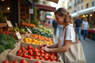Femme choisissant des tomates fraîches sur un marché primeur en plein air avec des caisses en bois colorées