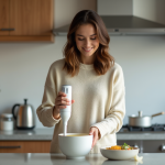 Femme utilisant un mixeur plongeant dans la cuisine moderne
