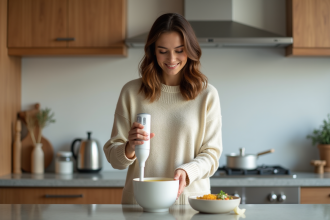 Femme utilisant un mixeur plongeant dans la cuisine moderne